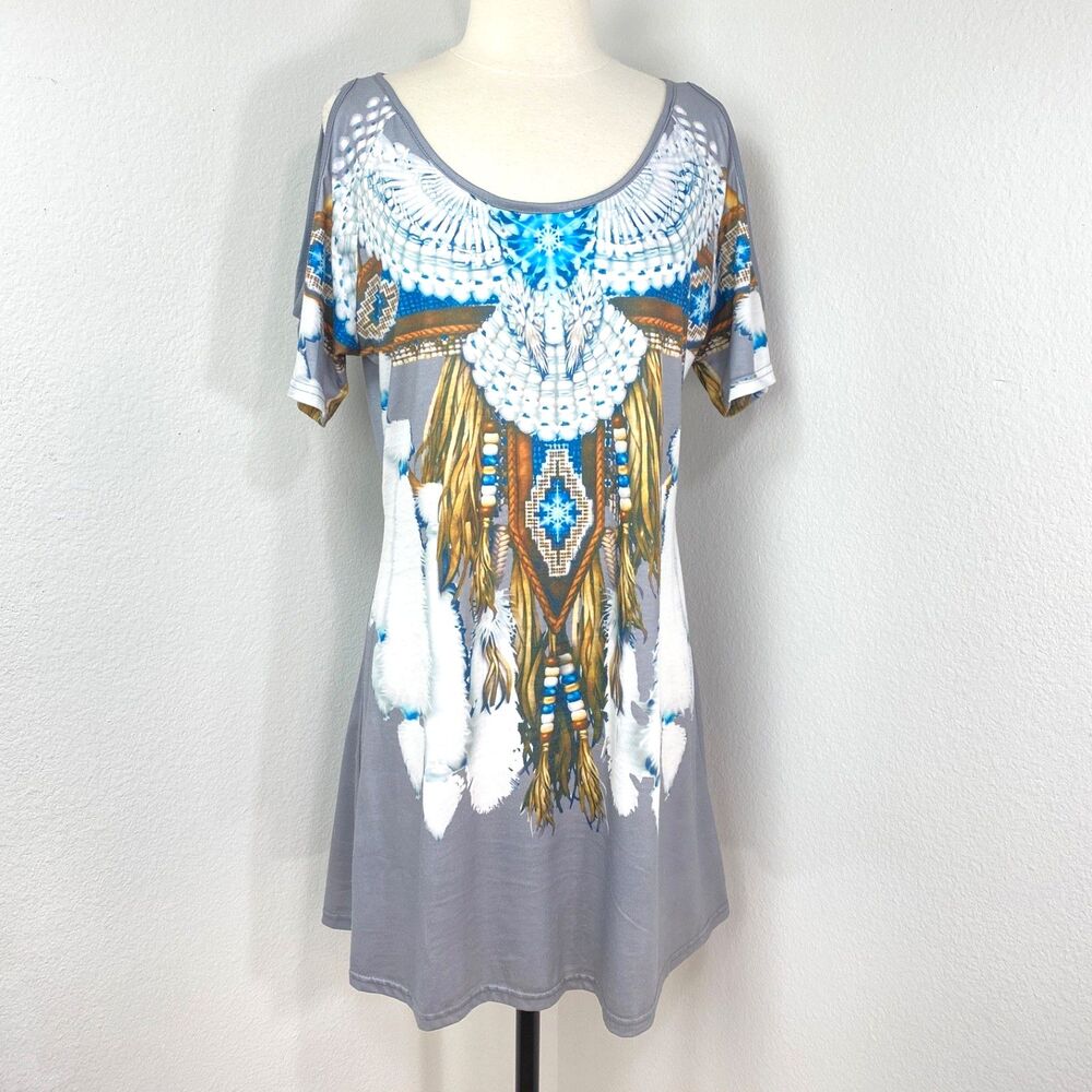 T-Shirt Cotton Blend Shift Dress Small Gray Cold Shoulder Native American Print